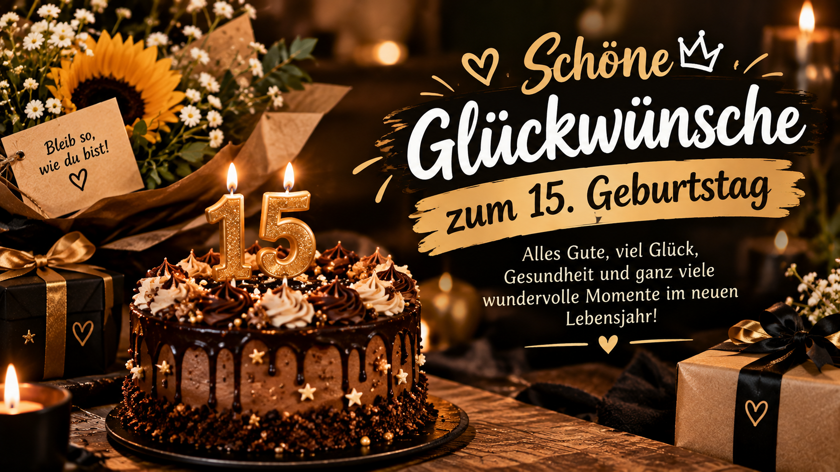 Schöne Glückwünsche zum 15. Geburtstag